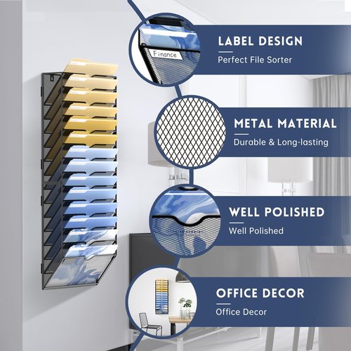DALTACK Wall File Organizer, 14 Tier Hanging File Organizer, Mail Organizer Wall Mounted for Papers Folders Clipboard Magazine, Office Cubicle Organization & Storage, Assembly Needed, Mesh Black