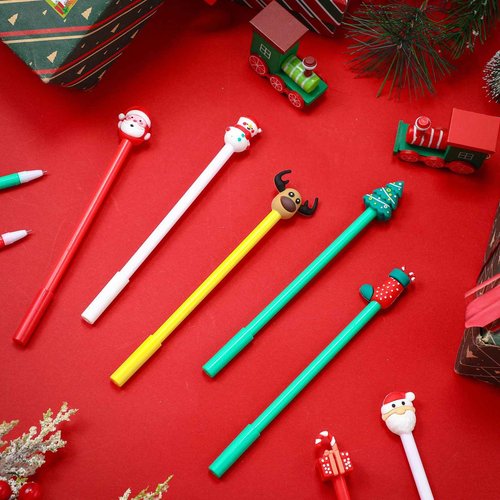 Zonon 100 Pieces Christmas Pens Holiday Novelty Fun Cartoon Characters Stick Black Gel Ink Rollerball Pens for Christmas Xmas Party Favors Goodie Bags Stuffer Gifts Office Supplies, 7 Styles