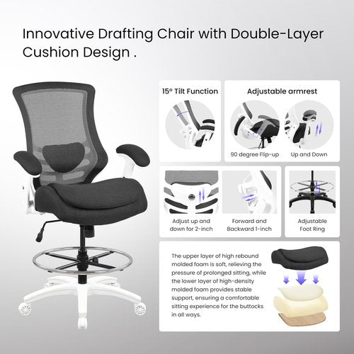 BOLISS 400lbs Mesh Ergonomic Office Computer Drafting Chair with Super Soft Adjustable Flipped Arms Molded Foam Double Seat Cushion Adjustment Lumbar Support Big Foot Ring (Black)