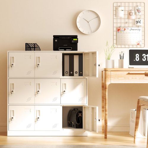 WISUNO 9 Doors Metal Lockers for Employees, Steel Storage Locker with Lock and Card Slot,Lockable Office Metal Storage for School Office Gym Bedroom,Garage (White)