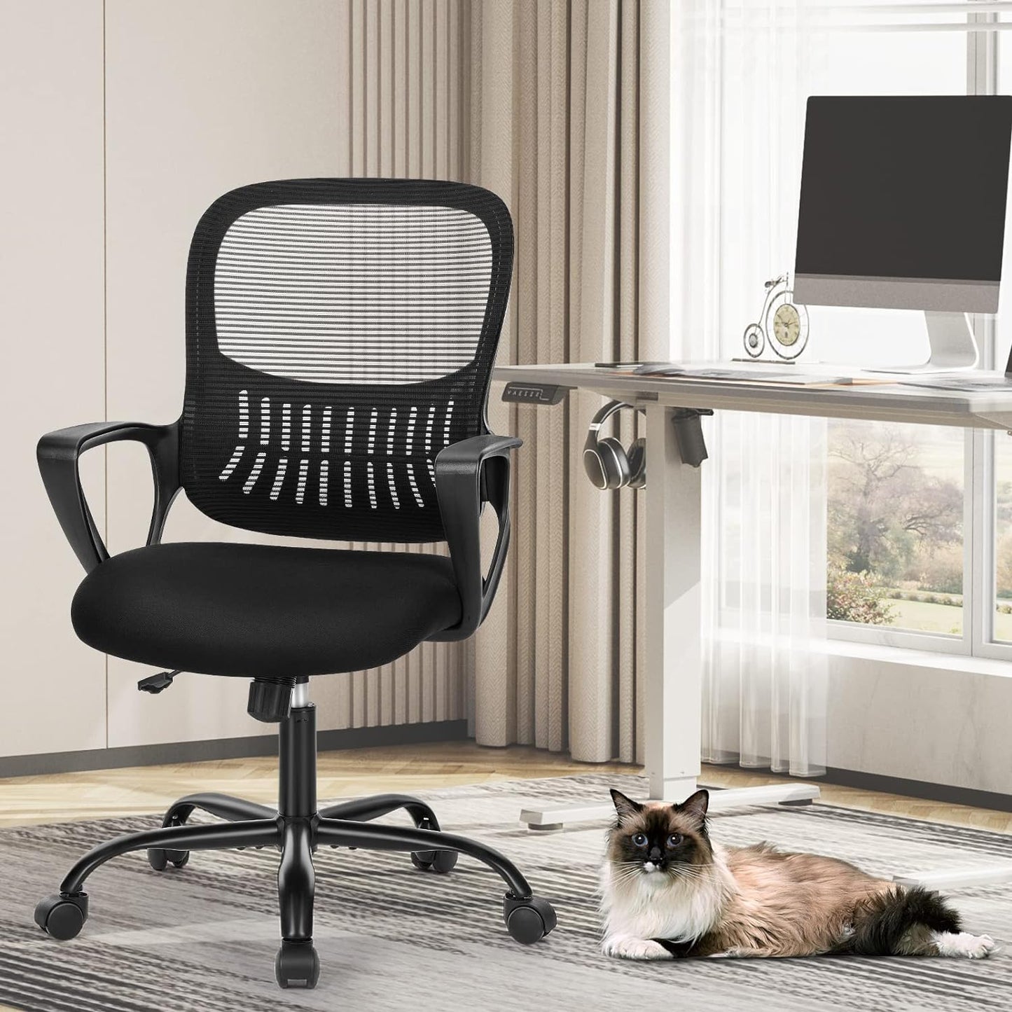 Sweetcrispy Ergonomic Mid-Back Mesh Office Chair - Lumbar Support & Comfortable Armrests | Ideal for Home & Study
