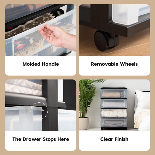 IRIS USA Plastic Drawer Storage Organizer Rolling Cart, with Wheels Casters, 4-Drawers, for Art Craft Supplies Bathroom Dorm Bedroom Laundry Room, Wide, Black
