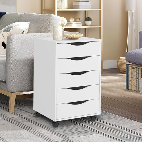 QDSSDECO 5 Drawer Chest Wood File Cabinet Rolling Storage Dresser with Wheels for Home Office, White