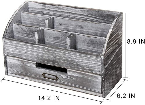 VERGOODR Rustic Wooden Office Desk Organizer 5 Compartment with 2 Drawer &Counter Home Tabletop Desktop Jewelry Mail Rack Storage Box for Pens Notebooks Folders Pencils (Grey white)