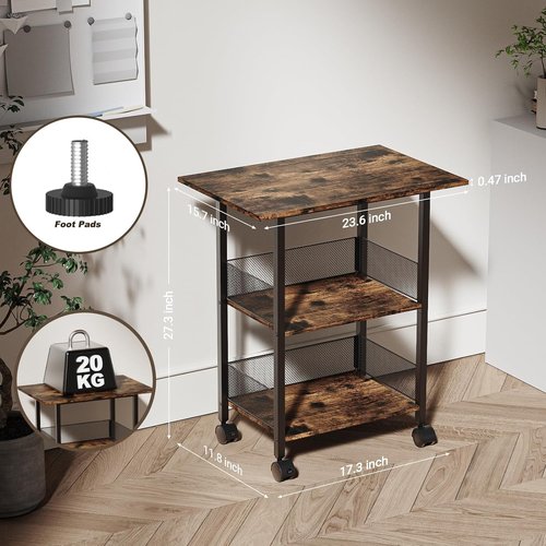 BOHDK Printer Stand, 3-Tier Industrial Large Printer Table with Shelf, 23"x15" Mobile Heavy Duty Storage Rack on Wheels for Home Office Printer Fax Machine Scanner Copier