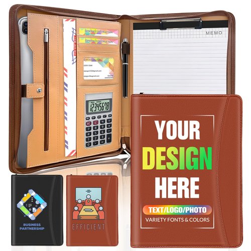 Personalized Leather Portfolio Custom Padfolio with Zipper for Men & Women, Customized Gifts for Business, Office, Travel, School, Brown