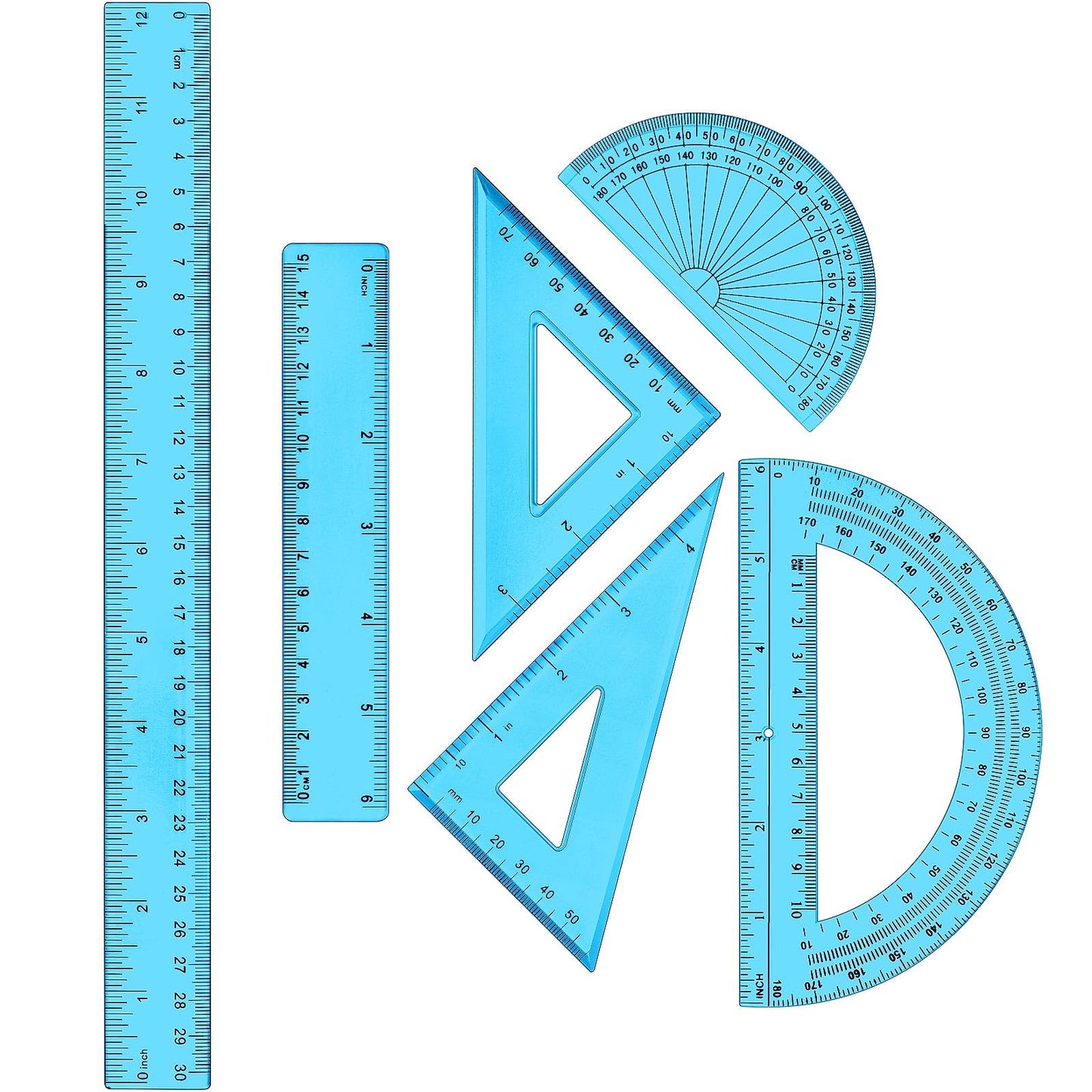 Tenare 1 Set Plastic Clear Math Set Includes Protractor Triangle Rulers 12 Inch 6 Inch Straight Geometry Math Transparent Ruler Measuring Tool for School Office Home Supplies(Blue)
