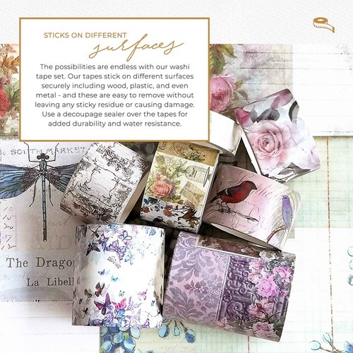 Serenity Fair Antique Roses & Florals Washi Tape Set, 7 Washi Tapes, 6 Washi Paper Stickers, 6 Sheets Vellum Paper, 6 Sheets Paper Cards, Vintage Crafting Supplies