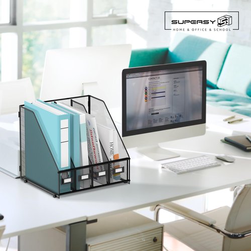 SUPEASY Magazine File Holder, Binder Holder Metal Desk Organizer with 4 Rack Compartments, File Organizer for Office Home School, Black Plus