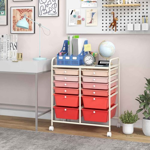 Julimoon 12 Drawer Rolling Storage Cart, Multipurpose Storage Organizer Cart with Lockable Casters, Mobile Utility Cart for Garage Office Home Kitchen (Gradient Pink), HW56500