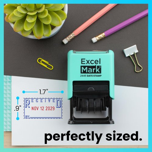ExcelMark 2445 Date Stamp with Text - Blue and Red Ink (Seafoam Mount, Received)