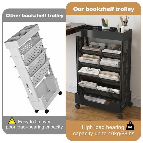COVAODQ Book Cart with Wheels Mobile Bookshelf Rolling Bookshelf Organizer Bookcase Book Storage Rack, Book Movable Rolling Carts with Wheels for Home School Office 5-Tier, Black