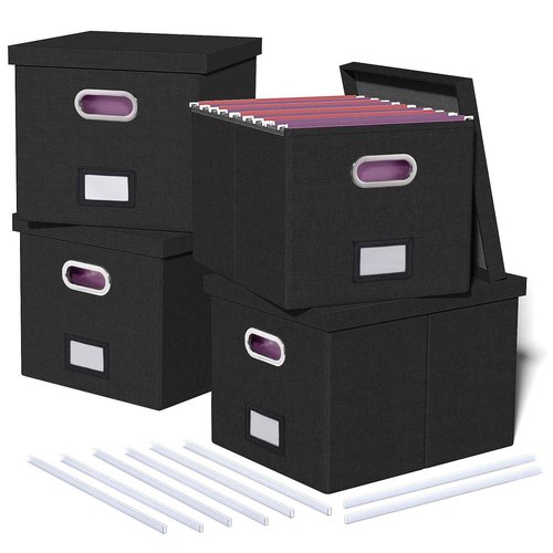 4 Pack File Storage Organizer, Document Organizer, Portable File Box with Lid, Fit for Letter/Legal File Folder Storage,Black-Box only