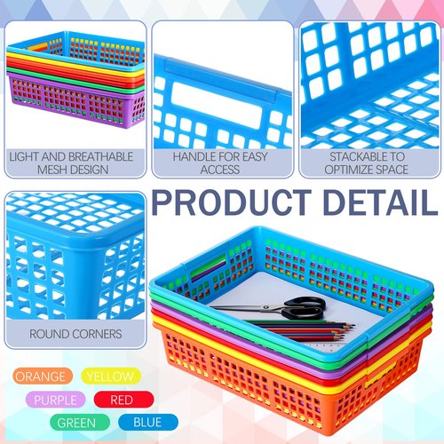 Blosssound 12 Pack Colorful Plastic Classroom Storage Bins with Label Stickers 6 Classroom Book Bins 6 A4 Paper Plastic Trays Stackable Organizer Set for Back to School Library Home Office Supplies