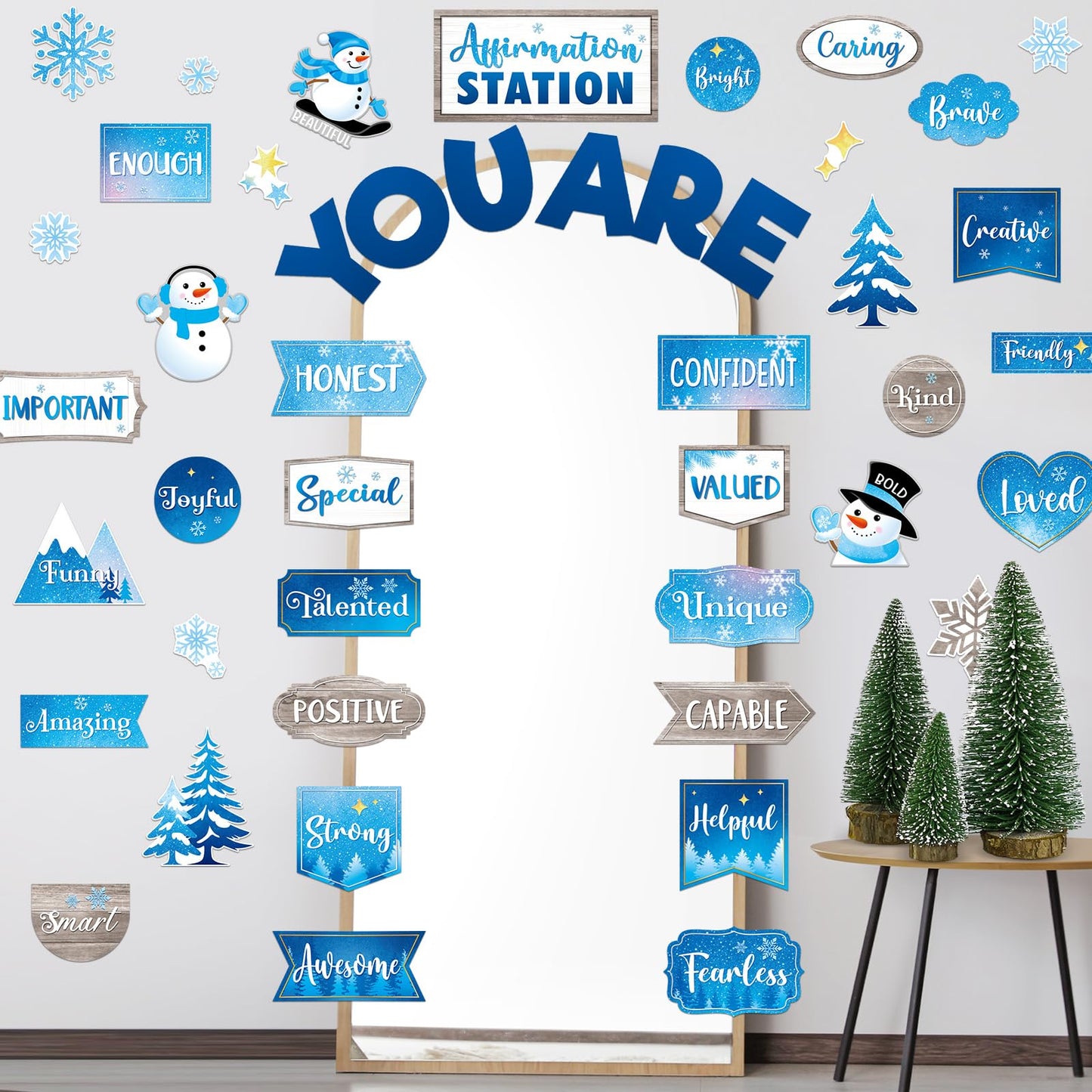 Weekgrat 45pcs Winter Affirmation Station Bulletin Board Set Motivational Posters Classroom Mirror Growth Mindset Decor Positive Affirmations Accents Cutouts for School Office Home Teacher Wall Supply