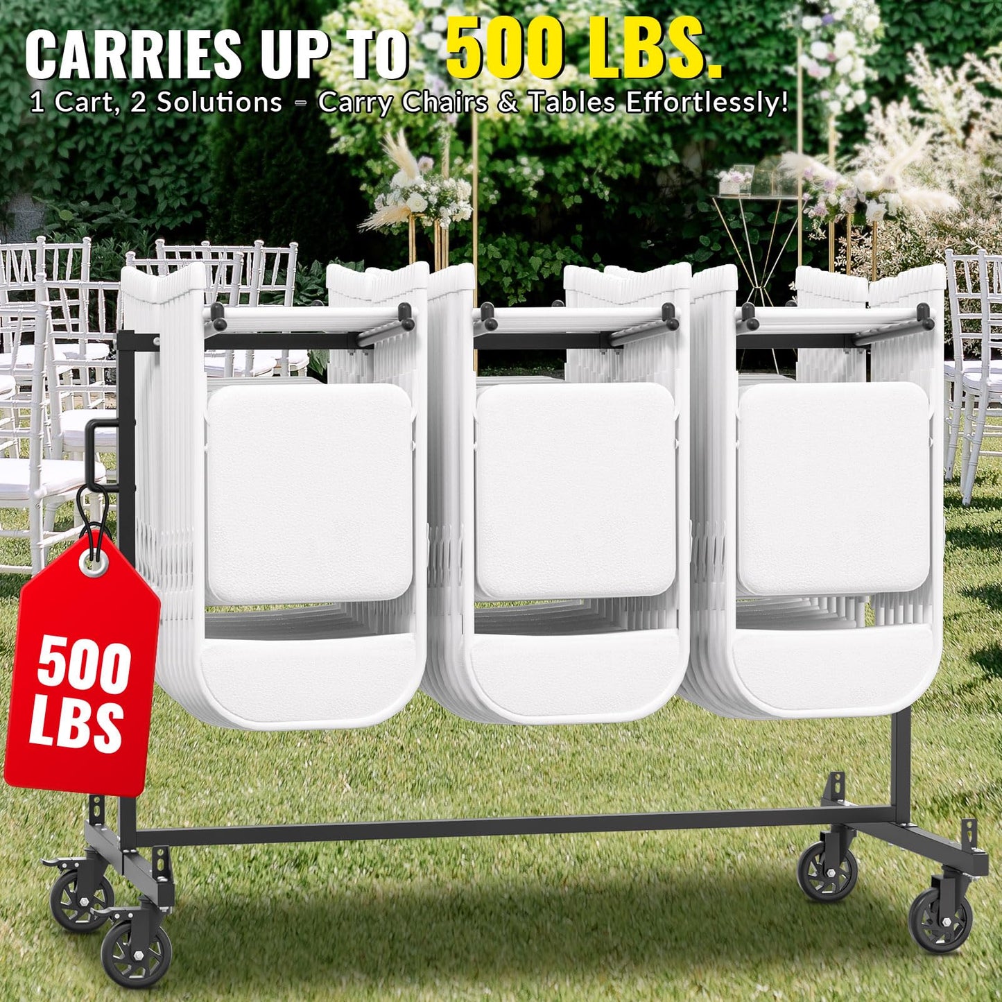 Folding Chair Cart, 500 LBS Capacity, Holds 42 Folding Chairs or 12 Tables, Heavy Duty Metal Rack with Outdoor Cover and 360° Rubber Locking Wheels