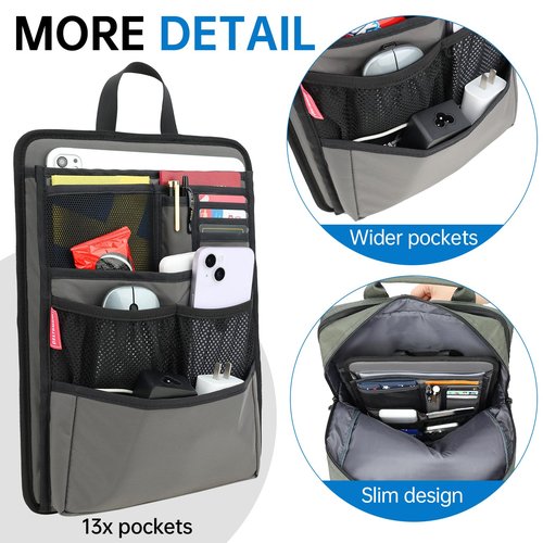 DELTAMANN Slim Rugged Backpack Organizer Insert for Business Casual Men Women -13 Pockets,Padded Nylon,Max 14'' laptop - Grey