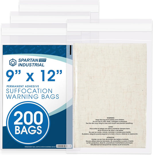 Spartan Industrial - Self-Seal Clear Poly Bags (9” X 12”, 200 Count) with Suffocation Warning - Permanent Adhesive