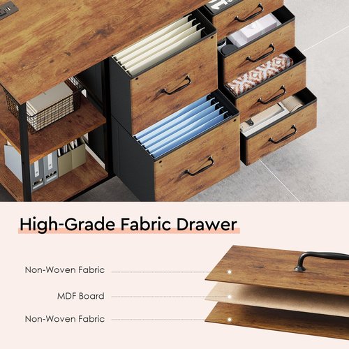 Maihail 6 Drawer File Cabinet with Charging Station Rolling Printer Stand with Open Storage Shelf Fabric Lateral Filing Cabinet for Home Office,Rustic Brown2