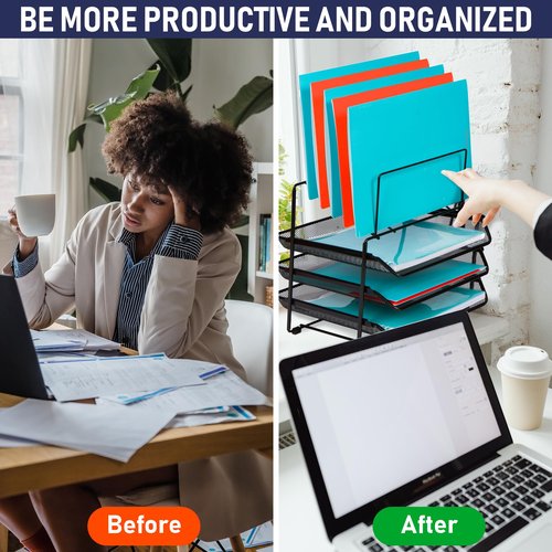 Mesh Desk Organizer and Storage, Office Organizer with 3 Sliding Letter Trays and 5 Vertical File Holders, Steel Mesh File Rack for Binders, Folders, and Clipboards. Letter Tray for Desk Organization