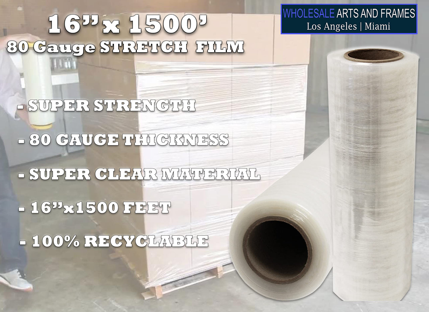 16"x1500' Stretch Film/Pallet Wrap 12 Rolls 80 Gauge Industrial Strenght 20 Microns Clear Cling Durable Adhering Packaging for Moving Heavy Duty Shrink Wrap Film by WholesaleArtsFrames-com