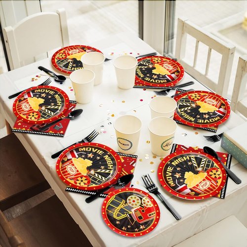 Movie Night Party Supplies Set - 96 Pcs Paper Plates & Napkins | Perfect for Birthdays & Celebrations