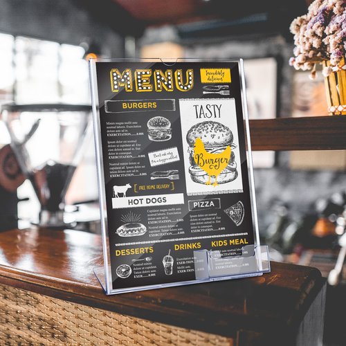 Vicenpal Acrylic Sign Holder with Business Card Holder, 8.5 x 11 Clear Brochure Display Stand Flyer Stand with Business Card Pocket for Magazine Pamphlet Booklets Menu Desktop(2 Pcs)