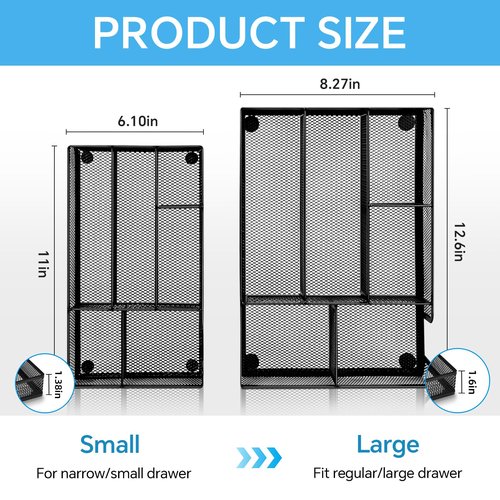 Desk Drawer Organizer, Office Drawer Divider Organizer Tray with 6 Compartments, Metal Mesh Desktop Organization and Accessories for Stationery Makeup Kitchen Toolroom School ＆Office, 12.6x8.27x1.6 in