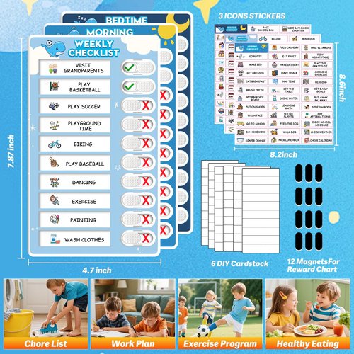 Upgraded Slider 3 in 1 Bedtime/Morning/Weekly Routine Chart for Kids, Magnetic Chore Chart for Kids with 99 Stickers, Cute Visual Schedule for Kids with Autism, ADHD Tools for Kids