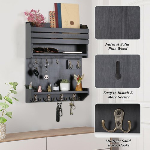 HEKFL Key Holder, Wall Mounted Mail Organizer, Keys Holder on Wall with 9 Key Hooks, Black