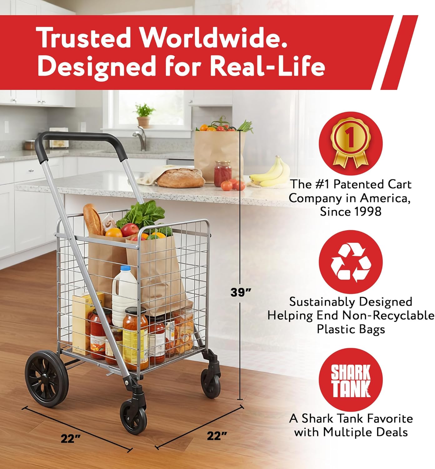 **dbest Products Cruiser Cart Deluxe - Heavy-Duty Foldable Shopping Cart with Wheels & Brake - 100 lbs Capacity, Silver Alloy Steel**