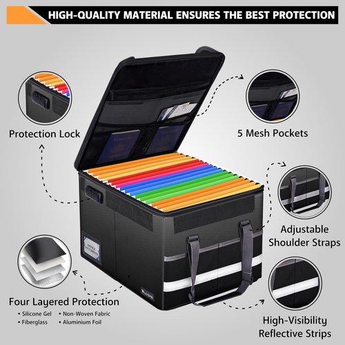 Fireproof Document Box with Lock – file organizer & fireproof document bag with Zipper, Pockets & Portable Handle – Collapsible File Storage for Legal/Letter Folders – Black (15.5 × 12.2 × 10in)