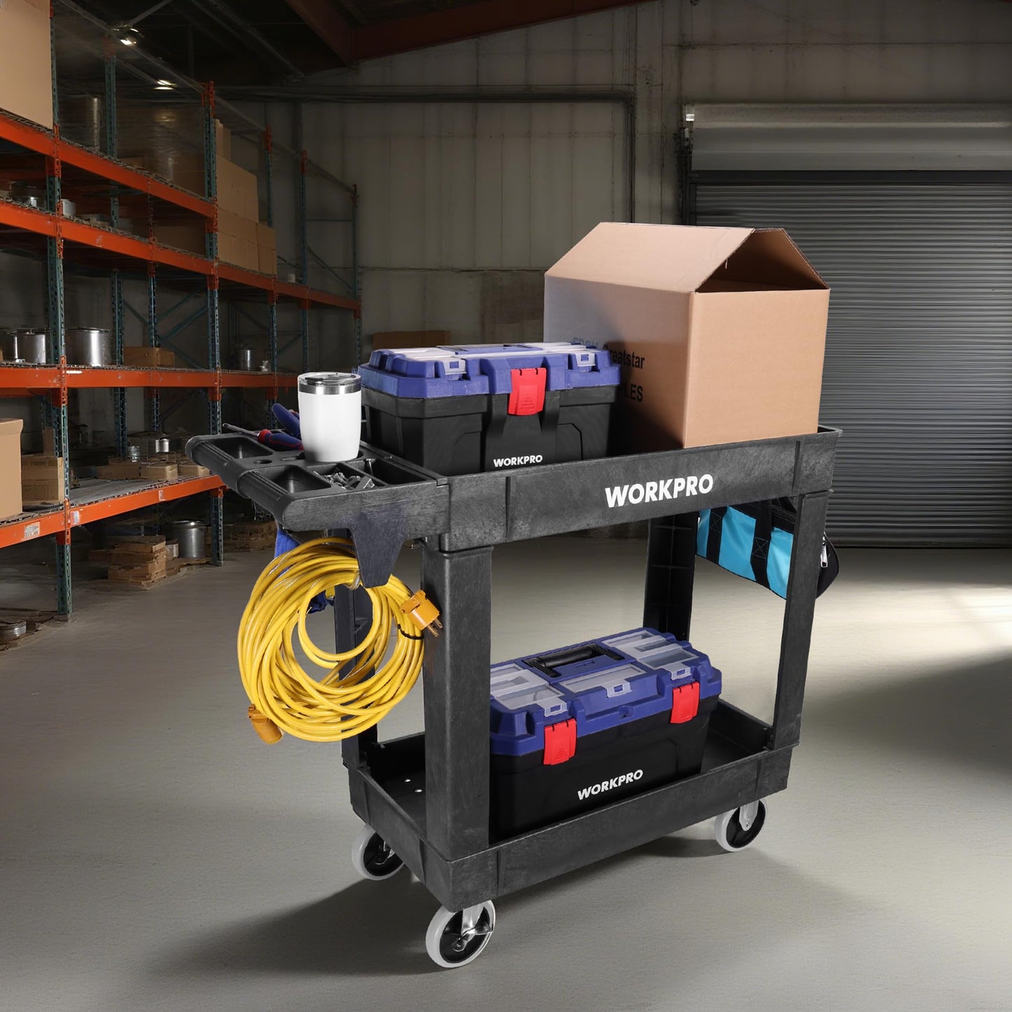 WORKPRO 500 lb 2-Tier Rolling Tool Cart with Locking Casters