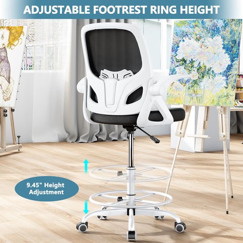 Kensaker Tall Drafting Chair with Footrest Ring for Home and Work, Ergonomic Home Desk Office Chair with Flip up Arms and Lumbar Support, Extended Height Executive Home Desk Office Chair(White)