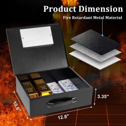 Dalmbox Portable Metal Safe Box with Digital Code Lock,Fire Resistant Storage for Documents, Fireproof Safe Box, Car, Home, Office and Outside, Black Box
