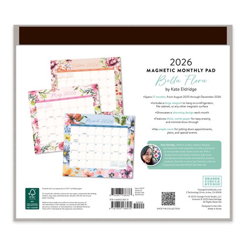 Orange Circle Studio 2025-2026 Magnetic Monthly Fridge Calendar, Bella Flora, 17-Month, August 2025 - December 2026, 9.5" x 8.4", Daily Aesthetic Planner Notepad with Magnet for Refrigerator, Easy Organizer for Grocery List, Appointments