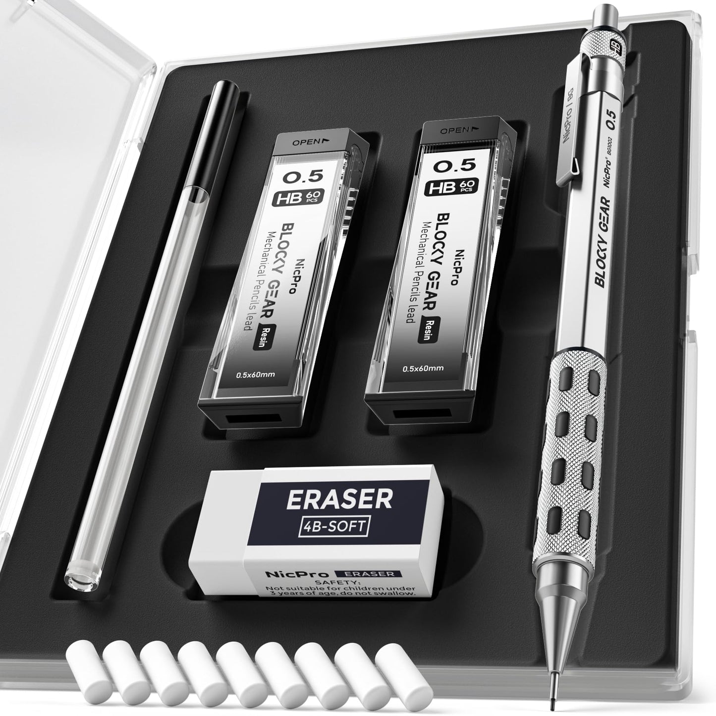 Nicpro Blocky Gear 0.5 mm Mechanical Pencil Set in Case, Metal Pencil with Lead Refills, Eraser for Professional & Adult Art Writing Drafting Drawing