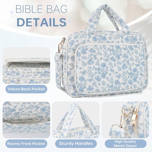 Regine Switzerland Bible Cover Case - Quilted Blue Flower Design for Women | Large Bible Study Essential