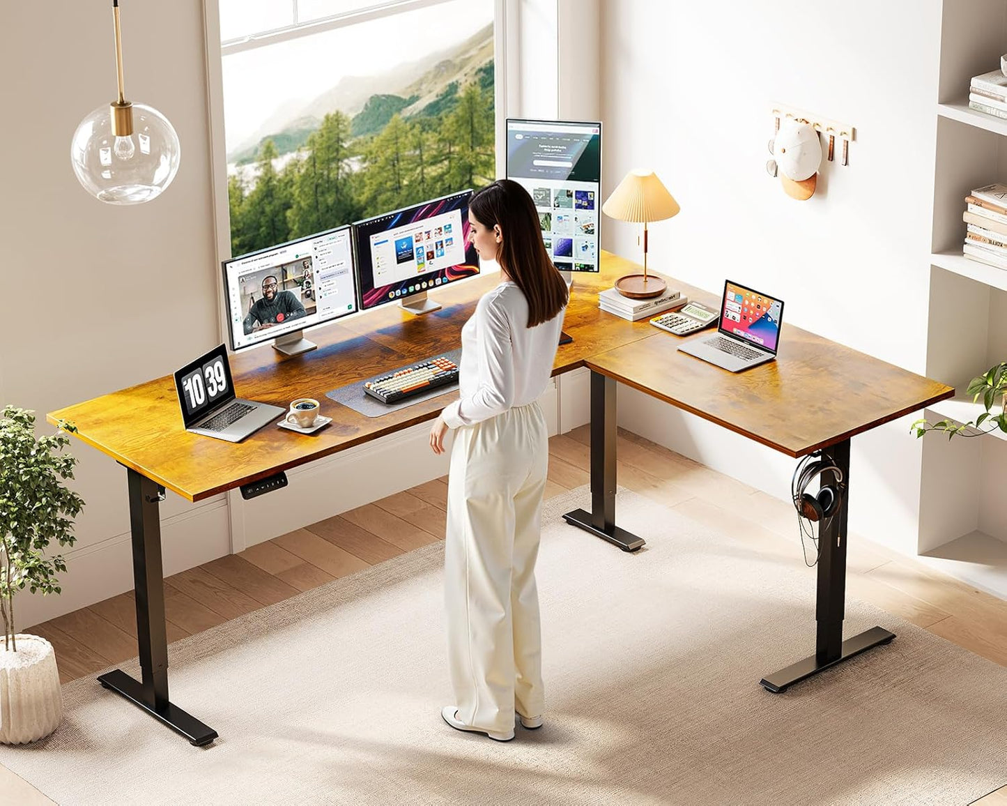 Casaottima 71-Inch Reversible Electric L-Shaped Standing Desk - Height Adjustable Ergonomic Workstation in Rustic Brown