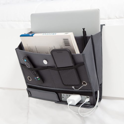 U Brands Bedside Caddy, 7 Pockets with Power Strip Compartment, Organization Supplies, Gray, 1 Count