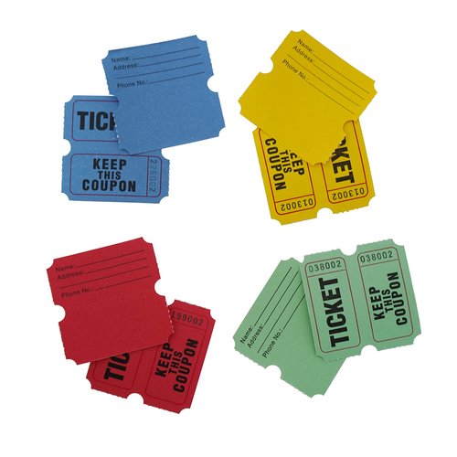 DNB 4000 Pairs Raffle Tickets - 4 Color Set of 1000 2 x 2 Inch 50/50 Double Roll Raffle Tickets - Blue/Yellow/Red/Green