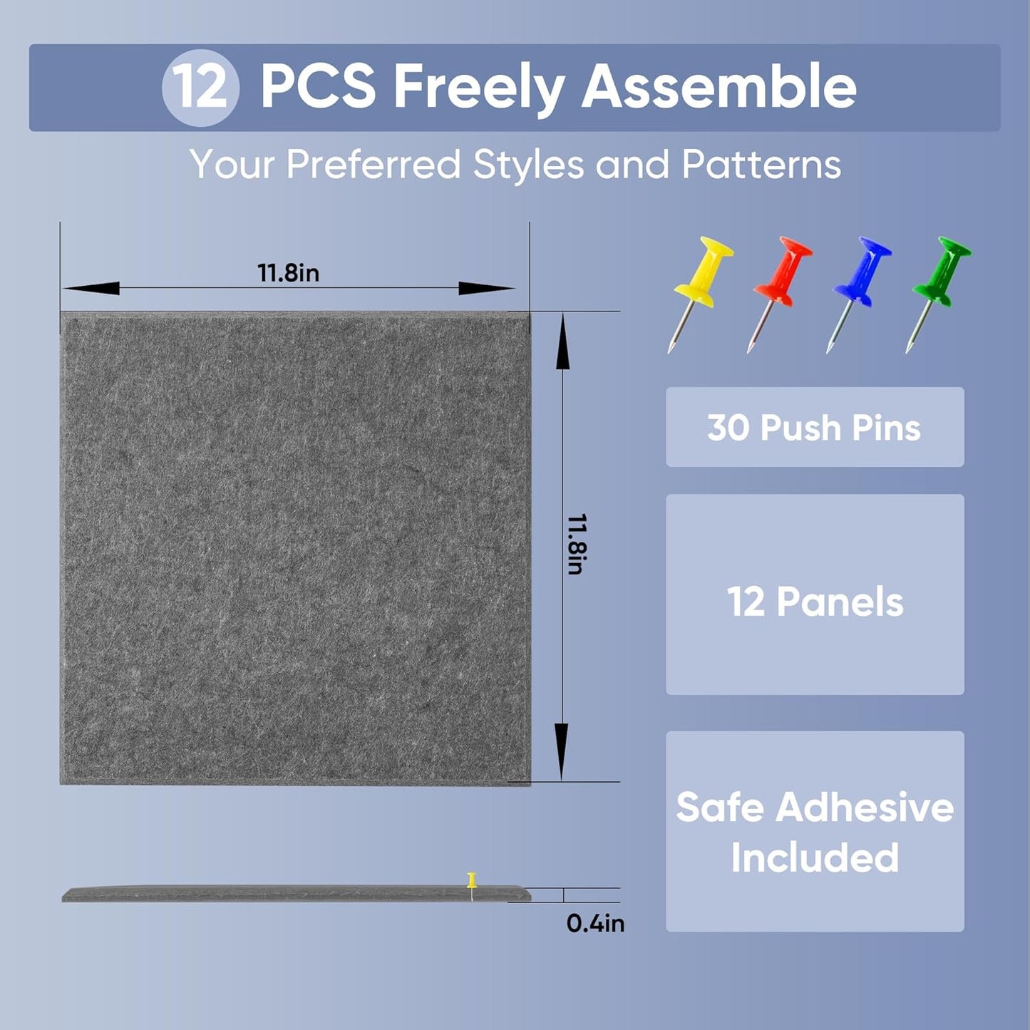 VUSIGN Large Cork Board - 47"x35" Bulletin Board with Adhesive Tabs & Push Pins | Grey Felt Wall Tiles