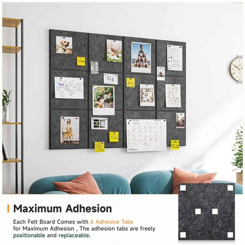 Uoisaiko Felt Cork Board for Wall: Extra Large Bulletin Board for Office - 12 PCS Thick Corkboard Tiles Grey Pin Board Squares Adhesive