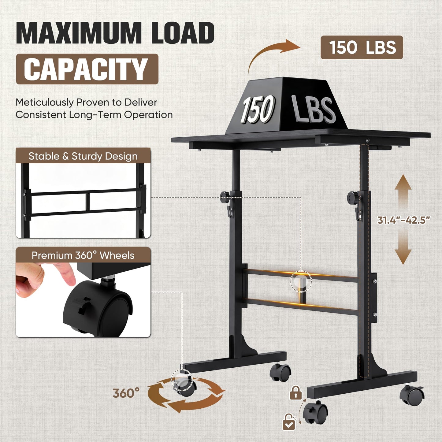 Furmax 31.4" Small Portable Standing Desk Height Adjustable with Lockable Wheels, Mobile Stand Laptop Computer Workstation for Walking Pad Treadmil (Black)