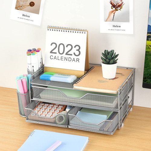 Gianotter 3-Tier Desk Drawer Organizer with 2 Pen Holder, Desk Accessories & Workspace Organizers for Home Office Supplies (Silver)