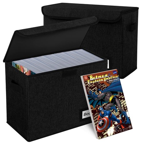 YNSZAS 2 Pack Comic Book Storage Box, Comic Protector Organizer, 15.8" X 7.8" X 11.8", Collapsible Comic Short Box, Holds 160-180 Comic Book Heavy Duty Container Holder Shelf Bin (Black)