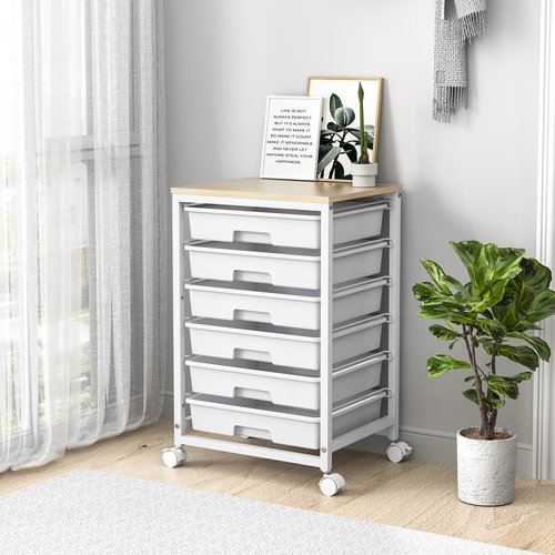 SYKIARIOL Rolling Cart with Drawers,Utility Cart with 6 Drawers,Rolling Storage Cart with Drawers and Wooden Tabletop & Lockable Wheel,White