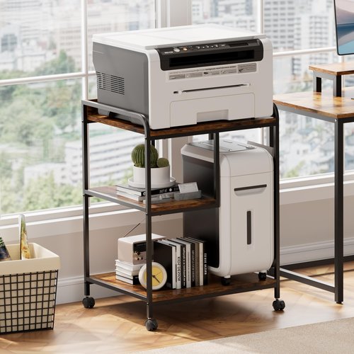 Warmiehomy Printer Table with Storage Large Printer Stand with Wheels for Home Office, PC Tower Stand, Host Computer Cart, Shelf for Desktop CPU Shredder - Rustic Brown