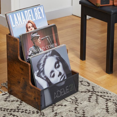 Yuzehuaza Vinyl Record Storage Holder, Stepped 3 Tier LP Vinyl Record Crate with Metal Grid, Wooden Album Storage Desktop Organizer Box for Vinyl, Rustic Brown & Black (Patent Pending)