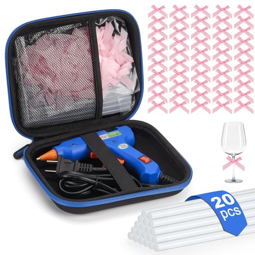 Hot Glue Gun Kit with 50pcs Mini Pink Ribbon Bows and 20 Pcs Mini Glue Guns, Hard shell Carrying Case, Pink Satin Ribbon Twist Tie Bows for Tying Up Packages Gift Wrapping